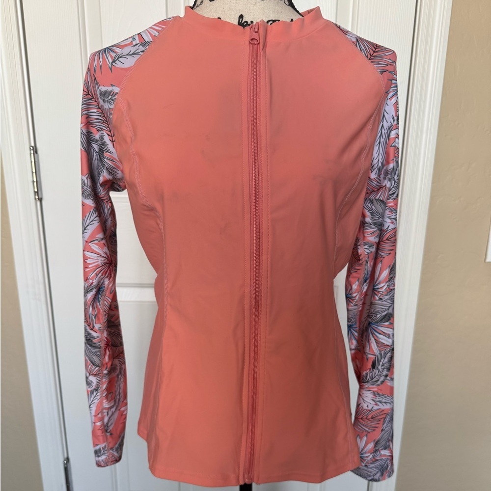 Jasambac Women’s Coral Zip Front Rash Guard with Palm Print Long Sleeve Top Med